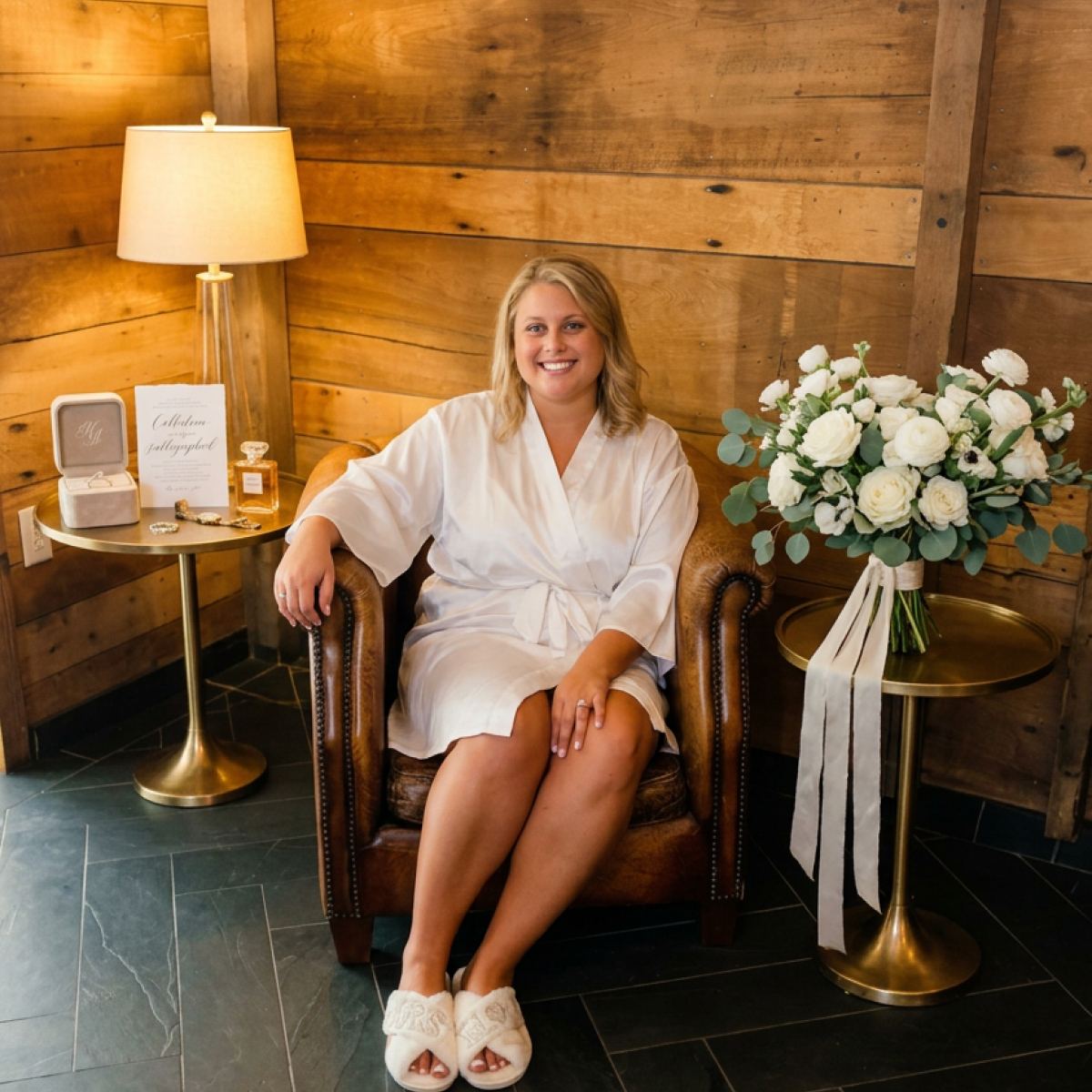 A bride in her robe relaxing in an armchair during an IV before her wedding