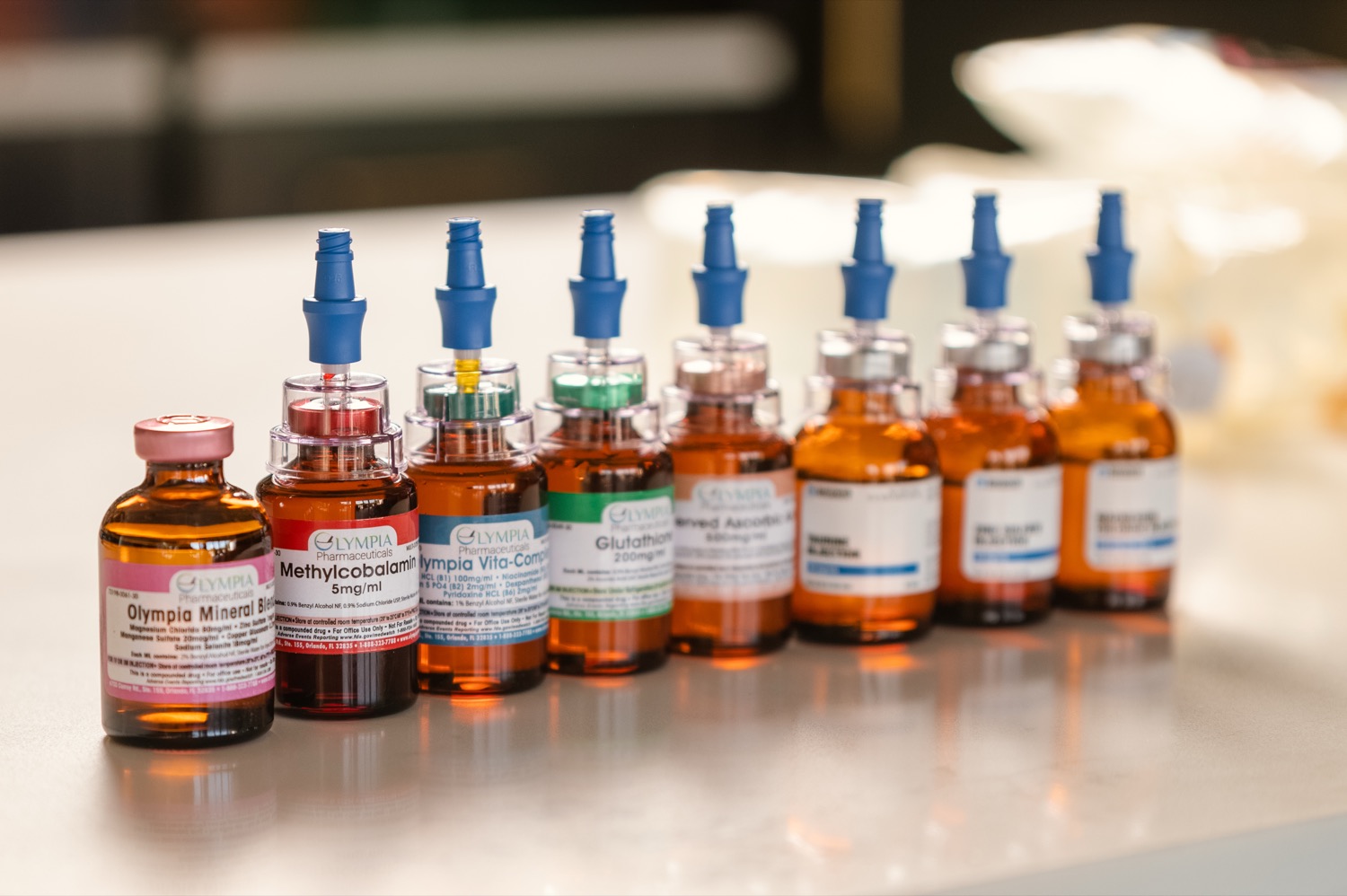 Vitamin vials lined up for an IV