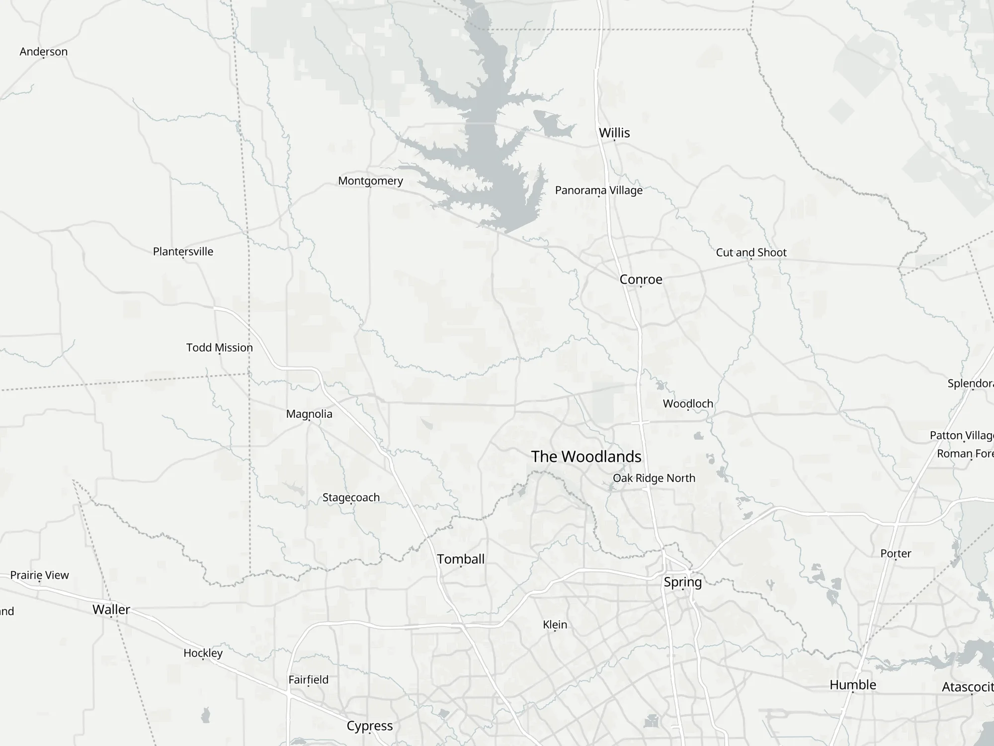 Map of the North Houston & Montgomery County area, with a pin for each city we serve there
