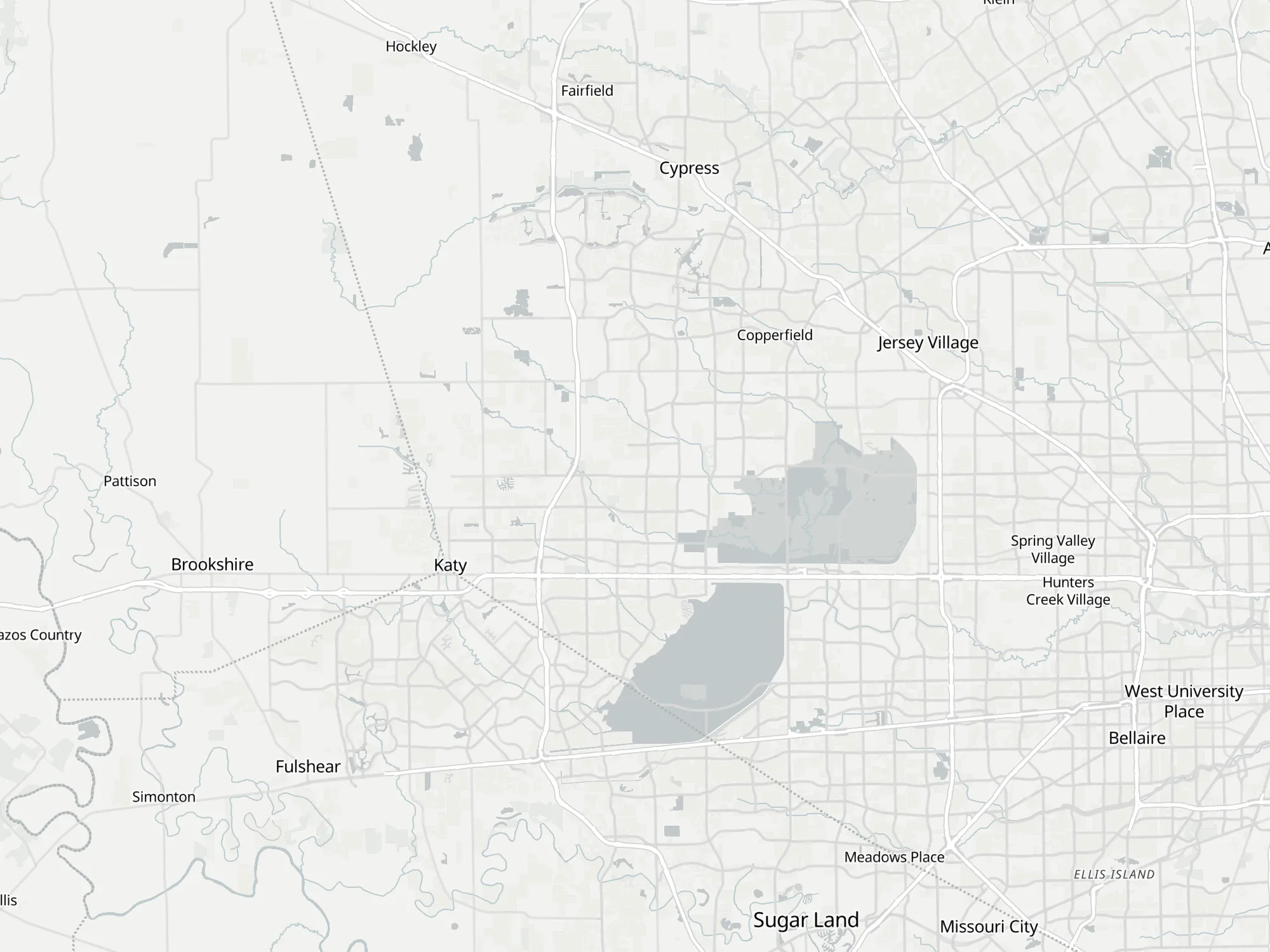 Map of the West Houston & Katy area area, with a pin for each city we serve there